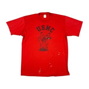 Vtg 1980 USMC Bulldog Tee Mens Large Red Single Stitch Marine Corps Graphic